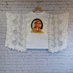 Upcycled Rock T Shirt Lace Poncho kimono Top White orange yellow black